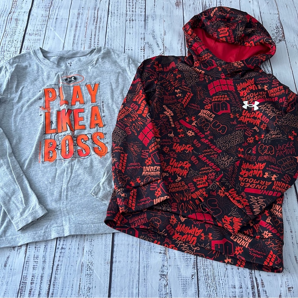 Under Armour Boys 6/7 2 Piece lot Hoodie and Long Sleeve T Red Orange Gray EUC